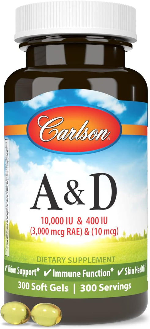 Carlson - A & D, 10000 IU (3000 mcg RAE) Vitamin A, 400 IU (10 mcg) Vitamin D3, Vision Support, Skin Health, 300 Soft Gels...