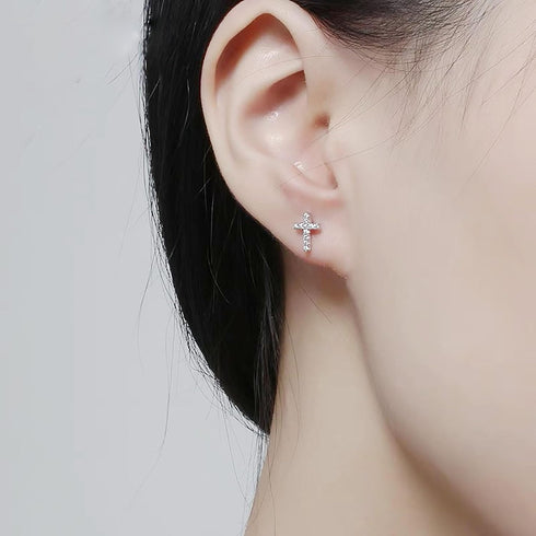 14K White Gold Plated Small Cross Silver Stud Earrings, Hypoallergenic Pave CZ Tiny Cross Stud Earrings for women...