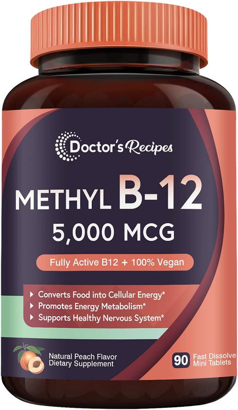 Doctor's Recipes Vitamin B12, Methylcobalamin 5000 mcg 90 Fast Dissolve Tablets, Natural Peach Flavor, Vegan Methyl, Energy Metabolism & Nervous S...