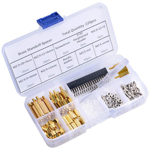 GeeekPi 220PCS Standoffs M2.5 Brass Spacer Hex Column Screw Nut Assortment Kit with Box,Male-Female for Raspberry Pi,with Acrylic Washer Screwdriv...
