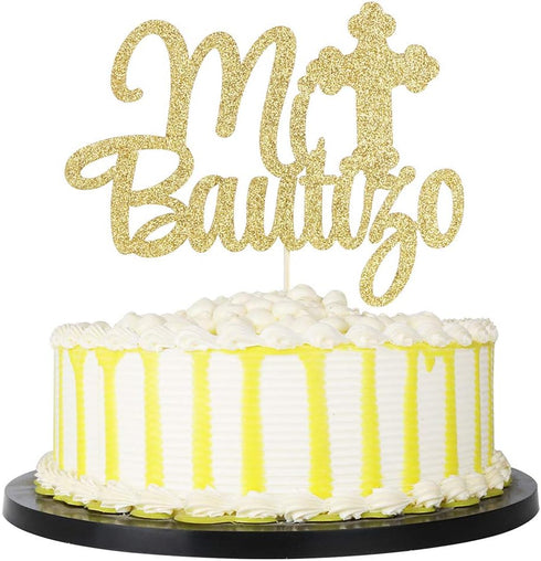 PALASASA Gold Glitter Mi Bautizo Cake Topper - Religious God Bless Me Cross Cake Décor - Holy First Communion Baby Shower - Christening Feliz Cump...