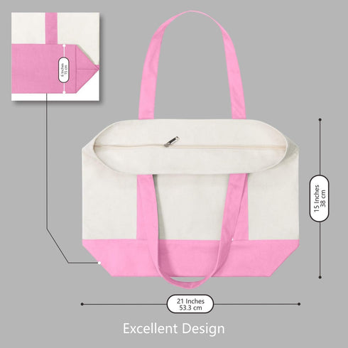 TOPDesign 1-Pack Canvas Tote Bag with an External Pocket, Reusable Grocery Shopping Bag, Top Zipper Closure, Daily Essentials (Pink/Natural)...