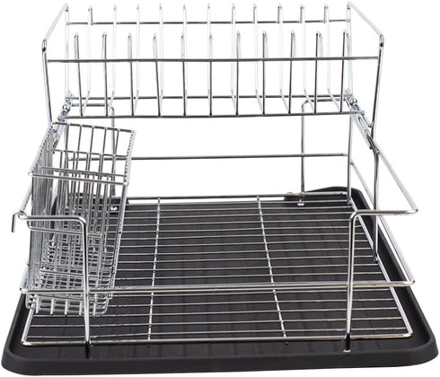 Home Basics Black Kitchen Sink Countertop 2 Tier Dish Rack and Draining Board Cutlery Holder, Fits Large Plates, Dry & Drip Tray, Full Mesh...
