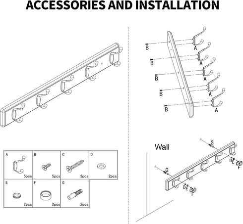 Wooden Coat Rack, Wall-Mounted Organizer for Closet, Entryway, Hallway, Foyer, Bedroom, Heavy Duty Double Hooks for Hanging Towels, Bags, Hats, Ja...