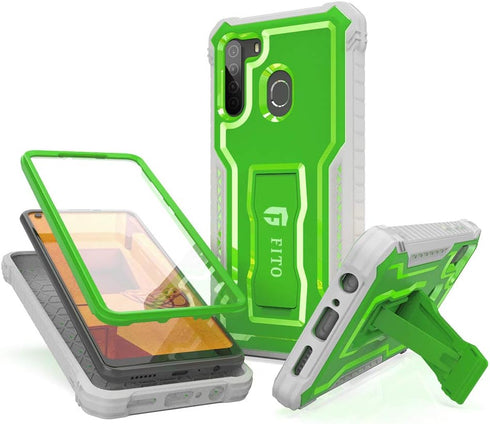 FITO Samsung Galaxy A21 Case, Dual Layer Shockproof Heavy Duty Case with Screen Protector for Samsung A21 Phone, Built-in Kickstand (Green)...