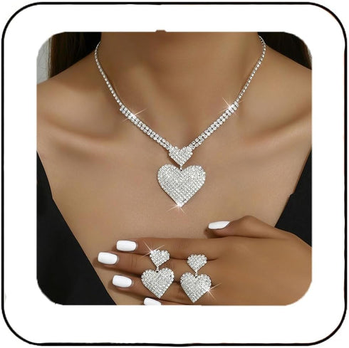Unicra Crystal Heart Bridal Wedding Jewelry Set Silver Rhinestone Necklace Earrings Bracelet Sets Formal Costume Jewelry for Women and Brides...