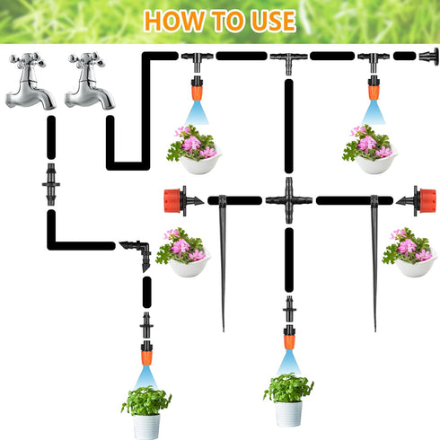 Drip Irrigation Fittings Kit for 1/4" Tubing, 240 Pcs Drip Line Connectors for Drip Systems - Nozzles, Micro Drips, Single barbs, 4 Way Connectors...