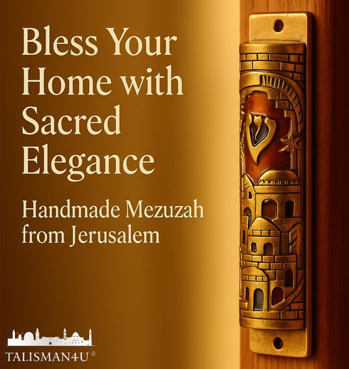 TALISMAN4U Gold Enamel Jewish MEZUZAH CASE with Scroll Jerusalem Israel Judaica Door Mezuza 4"...