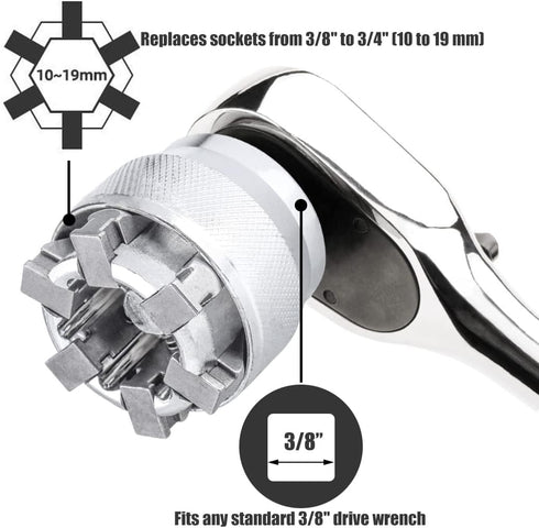 YAKAMOZ Adjustable Universal Socket Wrench Grip Adapter 10-19mm Hex Head Nuts and Bolts Driver Tool for 3/8" Drive Ratchet Torque Wrench and Power...