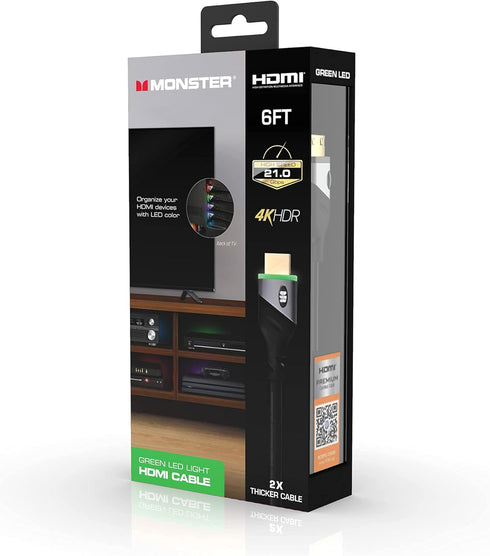 Monster 6ft High Speed 4K HDR HDMI Cable with Built-in Green LED Light, Gaming Video and Computer Cable...