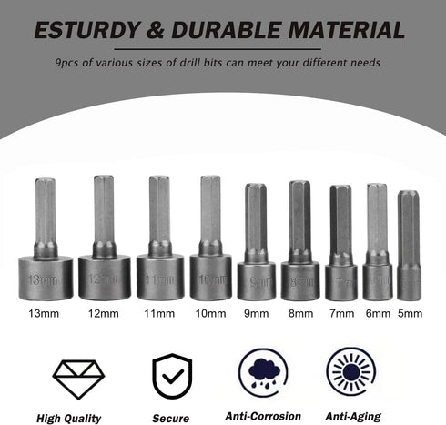 9pcs Nut Driver Drill Bit Set Impact Ready Socket Bit Chuck Adapter 1/4" Hex Shank 5-13mm Metric Socket Strong Sleeve Wrench Screw Power Drill Ada...