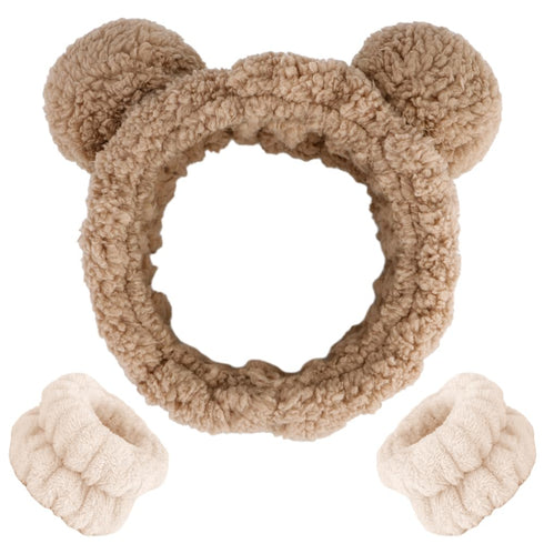 AHONEY Spa Bear Ears Headband, Face Wash Headband and Wristband Set, Cute Makeup Skincare Headbands Wrist Bands for Washing Face Elastic Fluffy He...