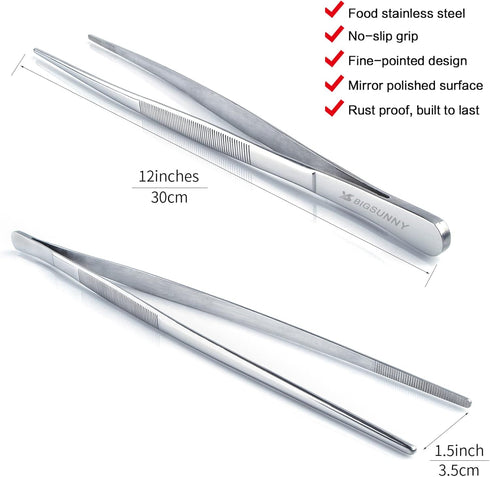 12 Inch Kitchen Tweezers Fine Tweezer Tongs, MSY BIGSUNNY Stainless Steel Food Tweezers Multi-function Precision Serrated Tips Cooking Tongs Kitch...