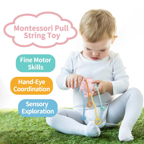 Montesorri-Toys - Pull String Toys for Baby - Made of 100% Food Grade Silicone with Built-in Rattle Function and Easy to Clean Design (Pink)...