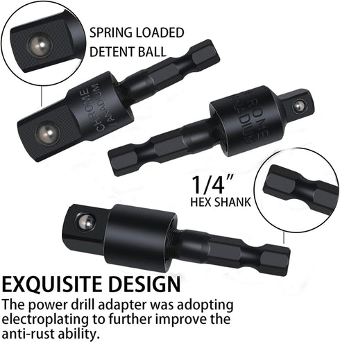 4-Piece Power Drill Sockets Adapter Sets,360°Rotatable 1/4" 3/8" 1/2" Impact Grade Driver Sockets Adapter Extension Set Drill Bit+105 Degree Right...