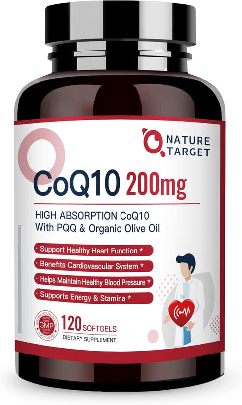 NATURE TARGET CoQ10-200mg-Softgels + PQQ with Organic-Olive-Oil - High Absorption-Coenzyme-Q10 - Antioxidant-for-Heart-Health and Immune Support, ...