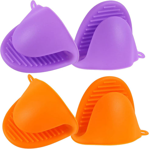 2 Pairs Mini Oven Gloves Silicone Heat Resistant Cooking Pinch Mitts Potholder for Kitchen Cooking & Baking (Purple and Orange)...