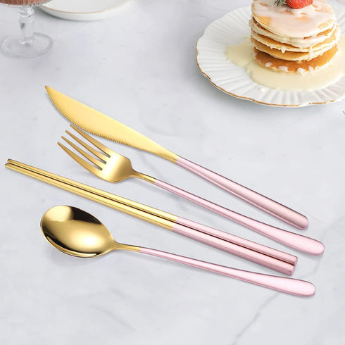 AARAINBOW 6 Pieces 18/8 Stainless Steel Flatware Set Portable Reusable Cutlery Set Travel Utensils Set Including Chopsticks Knife Fork Spoon Straw...