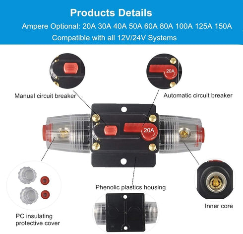 30A 40A 50A 60A 80A 100A 150A Audio Circuit Breaker Auto Car Stereo Inline Fuse Holders Inverter, Manual Reset 12V-24V DC for Automotive Marine Bo...