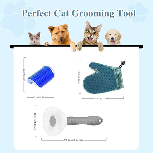 4 Pcs Cat Grooming Kit: Self-Cleaning Slicker Cat Brush, Deshedding Glove, and Cat Corner Massagers for Effortless Shedding, Detangling, and Relax...