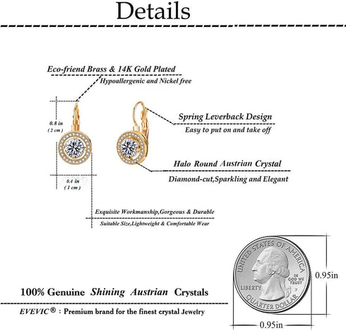 Austrian Crystal Halo Round Drop Leverback Earrings for Women 14K Rose Gold Plated Hypoallergenic Jewelry...