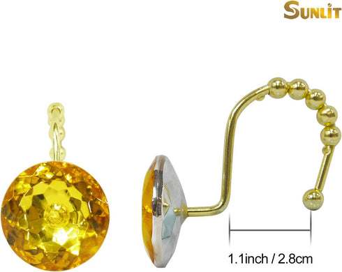 Sunlit Luxury Design Round Yellow Diamond Crystal Gem Bling with Glide Balls Shower Curtain Hooks, Rust Proof Metal Rhinestones Glam Shower Curtai...