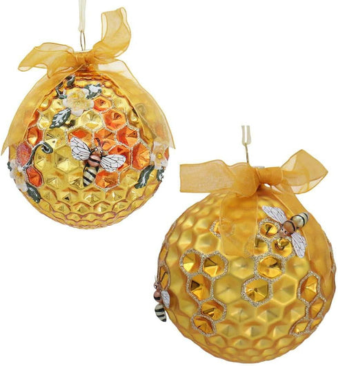 Kurt Adler Set/2 Bumble Honeycomb Bee Hive Christmas Tree Ball Ornament Décor,Glass...