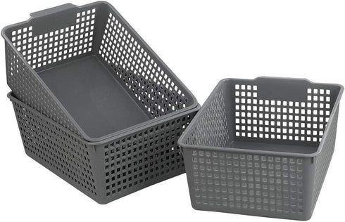 Gloreen 3 Pack Large Plastic Storage Baskets, Multipurpose Storage Basket for Organizer, Grey...