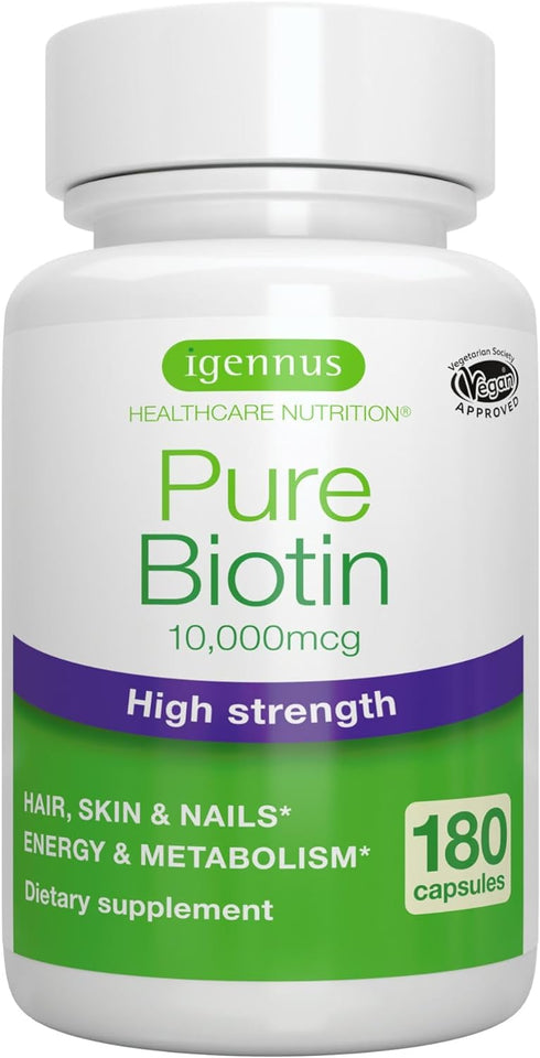 Pure Biotin 10,000mcg, Extra Strength Biotin, 180 Small Easy to Swallow Capsules, Vitamin B7, Clean Label, Lab Verified, & Vegan & Hypoallergenic,...