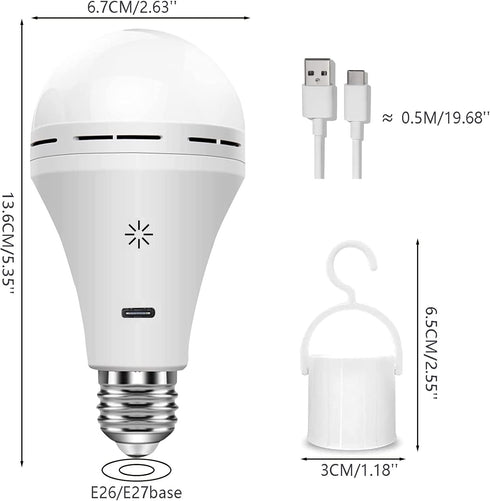 USB Rechargeable Light Bulb with Remote Control, 2600mAh Battery Powered Light Bulbs E26 Touch Control Dimmable LED Bulb with timer, Outdoor Emerg...