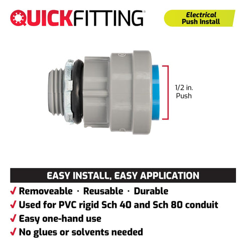 QuickFitting 1/2 inch Junction Box Connector | Push Install PVC Electrical Conduit Fitting | for Rigid Sch 40 and Sch 80 PVC Conduit | 10-Pack Liq...