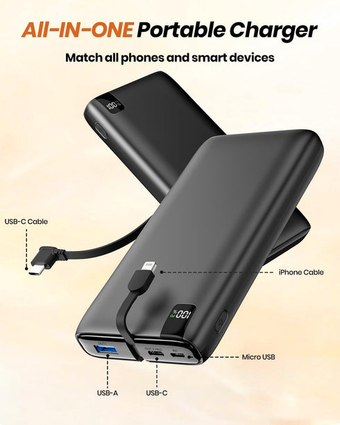 IXNINE Portable Charger 27000mAh with Built in Cables, 22.5W Fast Charging USB C Power Bank, 4 Outputs 2 Inputs External Battery Pack Phone Charge...