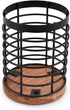 Black Iron Kitchen Utensil Holder with Acacia Wooden Base Round Flatware Storage for Countertop (4.5" x 4.5" x 6")...
