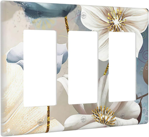Flower 3-Gang Triple Rocker Wall Plate Decorative Light Switch Cover for Kitchen Bedroom Bathroom Farmhouse Switches Faceplate White Blue...