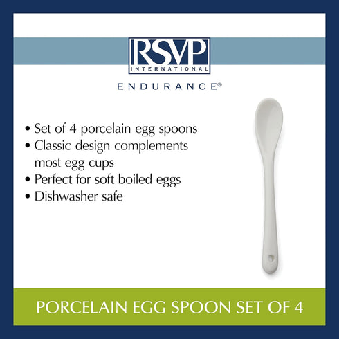 RSVP International Poached Egg Spoon, 4 Piece Set Multipurpose Use for Serving Jam, Honey or Soft Boiled Eggs, 5.5" Length, White Porcelain...