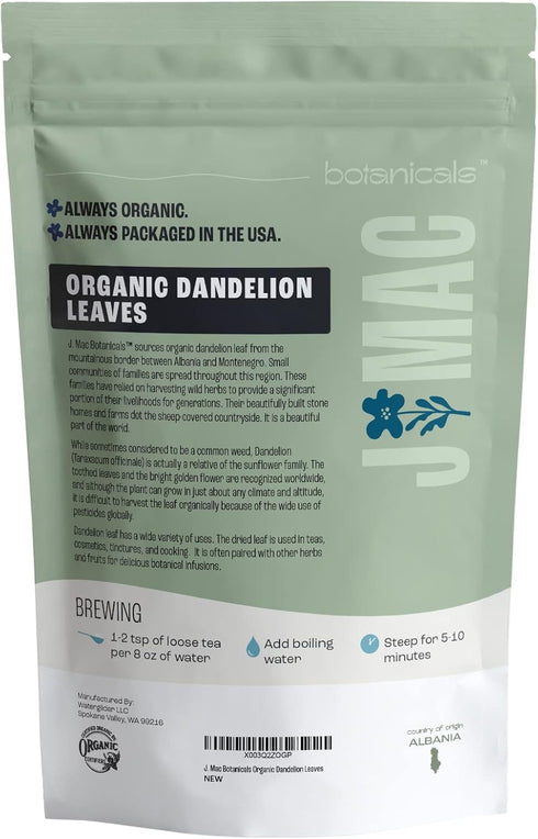 J Mac Botanicals, Organic Dandelion Leaves (4oz bag) USDA Certified Organic Dandelion leaf tea, te diente de leon organico, Packaged in the USA, C...