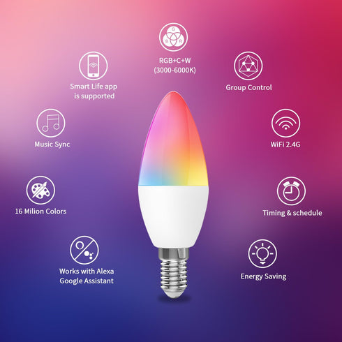 Smart Light Bulbs E12 RGB+CCT Led WiFi+Bluetooth Smart Bulbs 300lm 40W Equivalent Multicolor and Dimmable That Work with Alexa Google Smart Things...