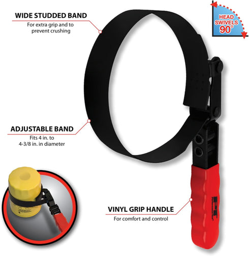 Performance Tool W54048 Swivel Handle Oil Filter Wrench for 4 to 4 3/8-Inch Filters with Studded Band and Vinyl Grip Handle...