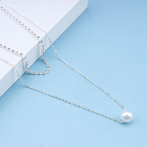 Bohemia Layered Pearl Choker Necklace Silver Cz Tennis Chain Necklace Floating Pearl Necklace Sparkly Rhinestone Clavicle Necklace Jewelry for Wom...