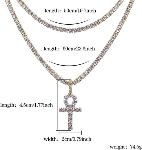 JINAO 18K Gold Plated Iced Out Cubic Zirconia Egyptian Ankh Cross Simulated Diamond Pendant Necklace for Men Women with Stainless Rope Chain...