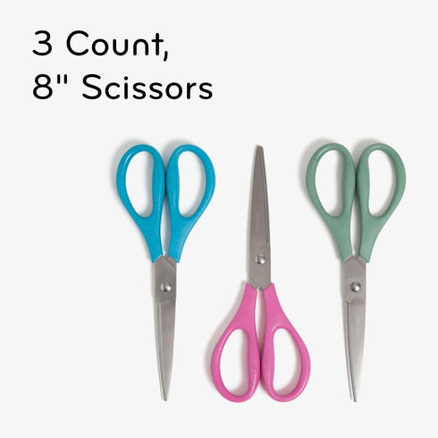 U Brands U-Eco 8“ Scissors, Set of 3, Assorted Brights, Patented Concave Blade Technology (6607U01-24)...