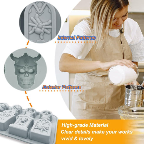 Halloween Chocolate Mold Silicone,2pcs Cavity Candy Gummy Mold with Skull and Tombstone for Baking Chocolate Jelly Gummy Desser...