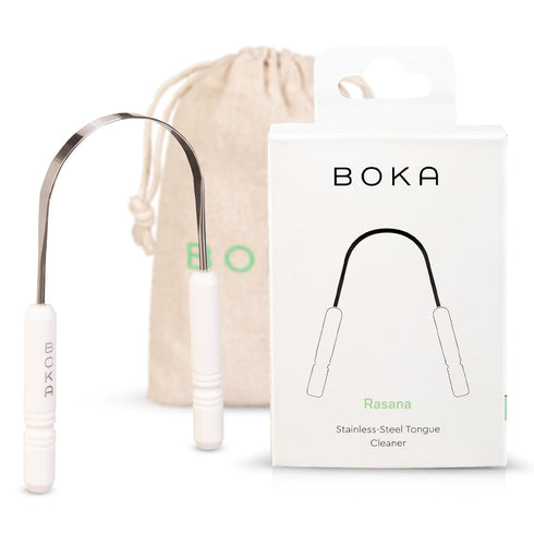 Boka Tongue Scraper for Adults & Kids with Case - Stainless Steel Tongue Cleaner w/Linen Travel Pouch - Scrubber to Remove Tongue Buildup and Fres...