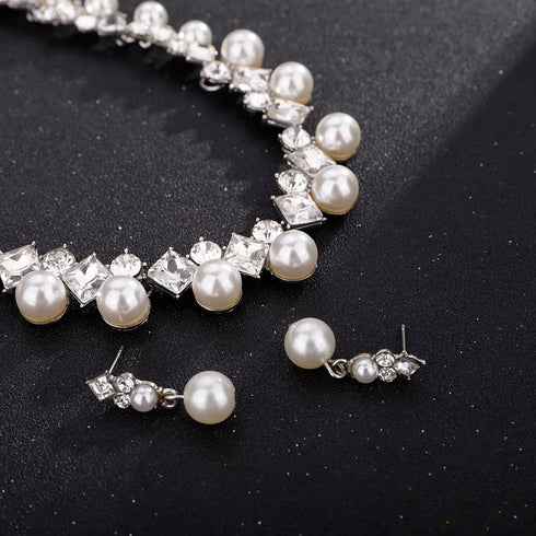Bride Silver Necklace Earrings Set Pearl Bridal Wedding Jewelry Set Rhinestone Choker Necklace for Women and Girls...
