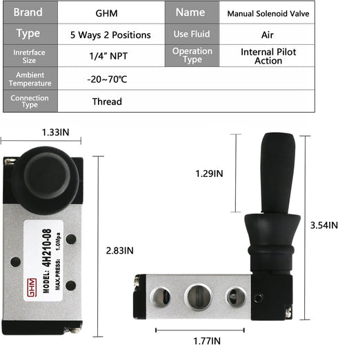GHM PNEUMATIC 1/4"NPT 5 Way 2 Postion Lever Operated Valve Pneumatic Manual Valve Manual Control 4H210-08...