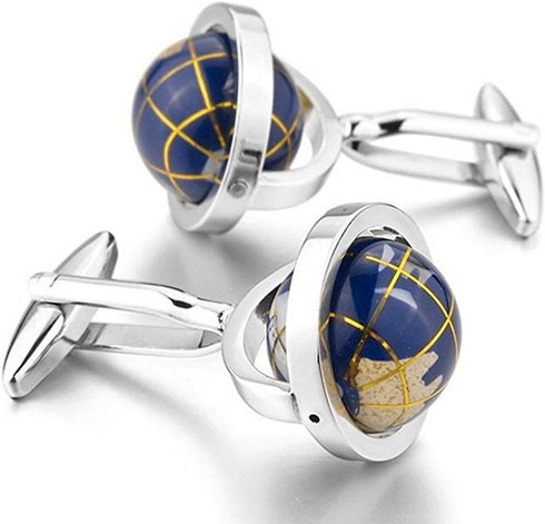 LBFEEL Really Spins Rhodium Plated Blue Globe Earth Cufflinks for Men with a Gift Box...