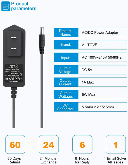 ALITOVE 5V 1A Power Supply 100-240V AC to DC 5V Power Cord 5 Volt 1A 5W AC/DC Power Adapter Converter with 5.5X 2.5mm 2.1mm Tip for LED Light Spea...