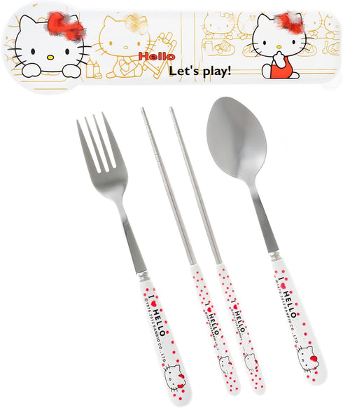 Cartoon Kitty Utensils Set Includes Reusable Stainless Steel Fork Spoon Chopsticks And Cute Cat Carrying Case Durable...