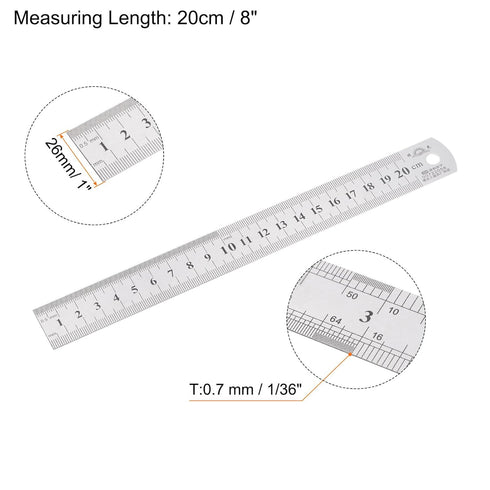 2Pcs Stainless Steel Ruler 20cm/8" Length x 1/36" Thick x 1" Wide Inch and Metric Straight Edge Measuring Tools for Woodworking Painting Craft, Si...