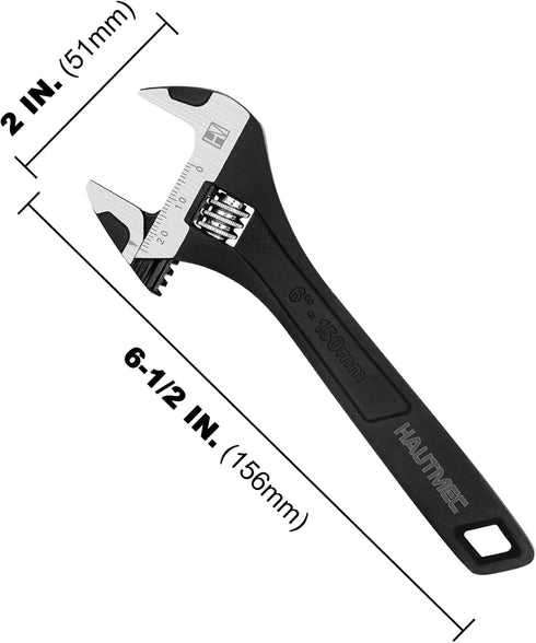 HAUTMEC 6 inch Adjustable Wrench Extra Wide Jaw Black Finish Adjustable Wrenches Drop-Forged CR-V Steel Metric & SAE Scales for Home Garage Worksh...